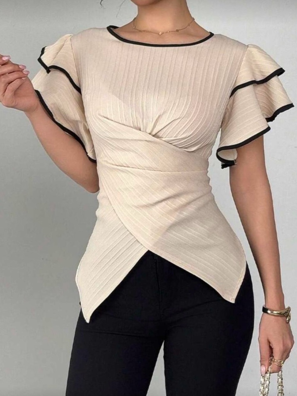 SHEIN Cream Blouse with Black Trim Flutter Sleeves